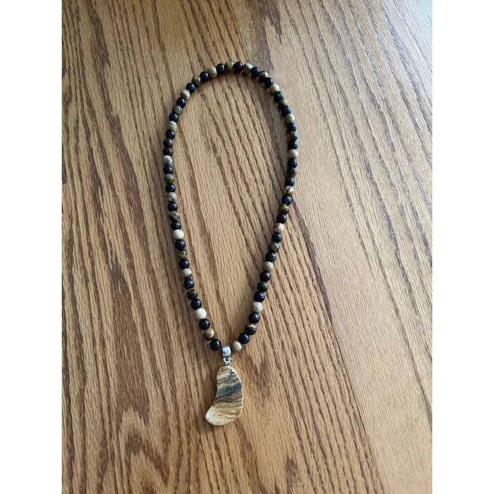 Handmade Beaded Necklace Natural Stone Pendant  Earthy Tones 18